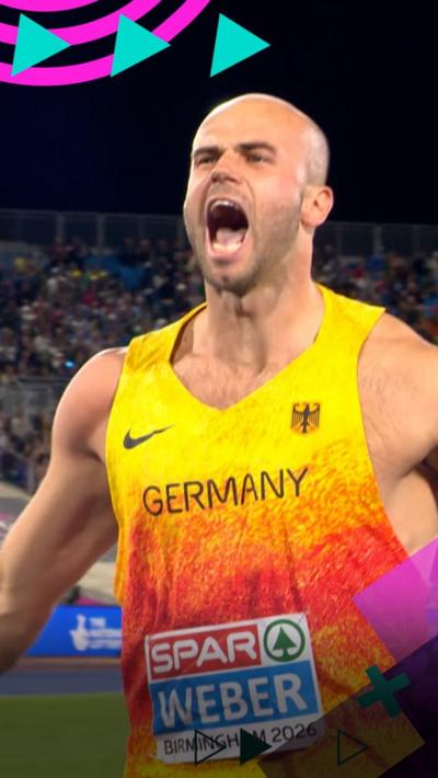 Julian Weber shouts after beating the championship record and taking javelin gold