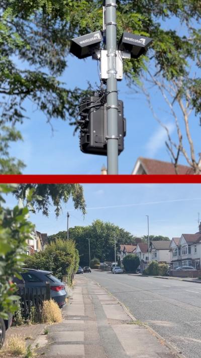 Split image showing a residential road and a pole with speed cameras on it.
