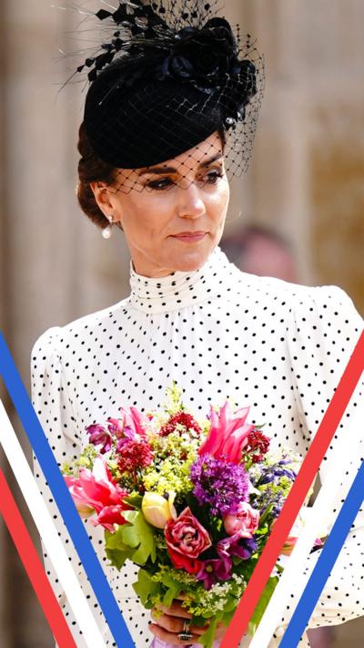 The Princess of Wales, wearing a black hat and a white and black spotted dress, holding flowers outside Westminster Abbey
