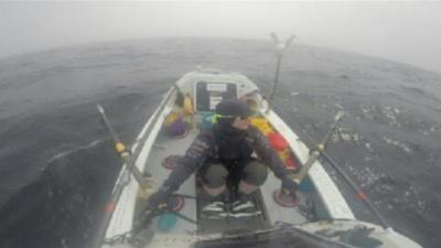 Sarah Outen on her rowing boat in the Atlantic