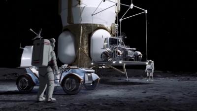 Illustration of two astronauts and a space car next to a Nasa Moon base