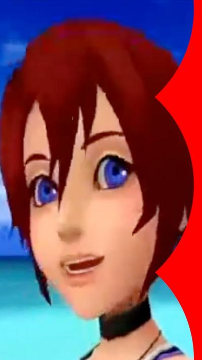 A cartoon image of a girl with short brown hair and purple eyes, taken from a video game.