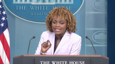 Press Secretary Karine Jean-Pierre at podium in press room