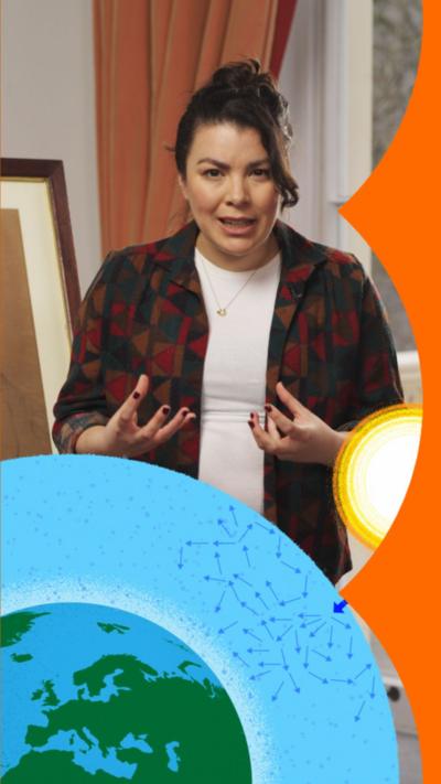 Presenter Cecilia Reed with a graphic of the Earth