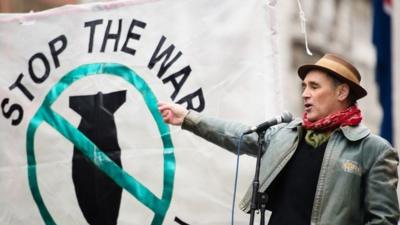 Mark Rylance attends a protest against the British government"s proposed involvement in air strikes