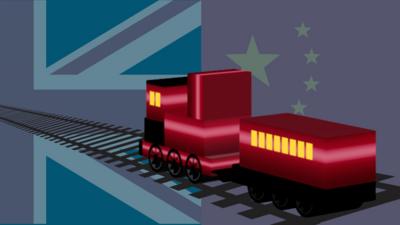 3D graphic of train with Chinese and UK flag behind