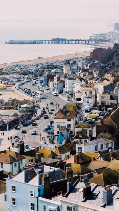An aerial view of a seaside town.