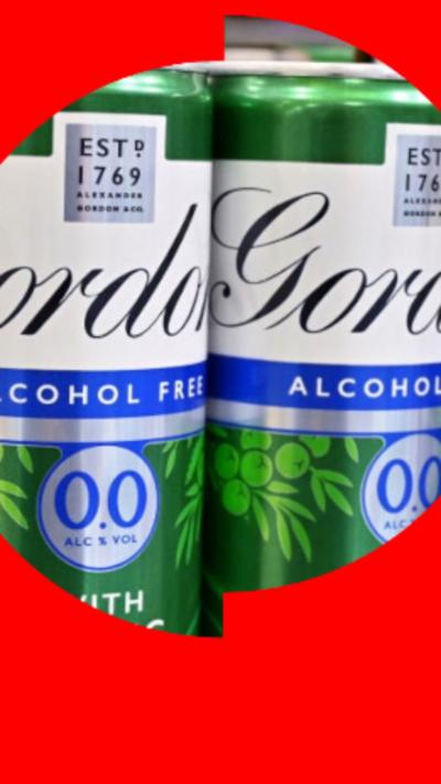Gordon’s Alcohol Free Gin & Tonic cans displayed on a supermarket shelf. The green-and-white cans are labelled “Alcohol Free”, “0.0% Alc/Vol”, and “With Tonic and a Hint of Lime”, with a partially visible four-pack carton on the right.