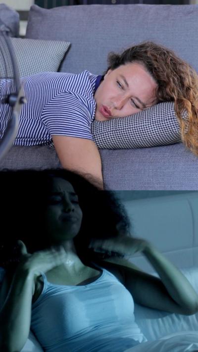 A composite image of two women, one trying to sleep on a sofa in front of a fan, nother fans herself in bed while she sweats
