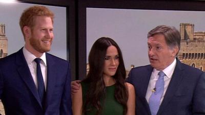 Prince Harry and Meghan Markle's wax lookalikes paid the BBC Afternoon Live presenter a visit on set.