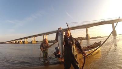 Fisherman with a salmon beneath Severn bridge