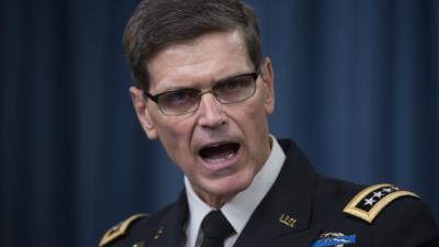 General Joseph Votel during a briefing on a deadly US raid on an Afghan clinic