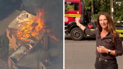 Composite image showing on the left house being consumed by fire and on right a woman pointing at a fire truck