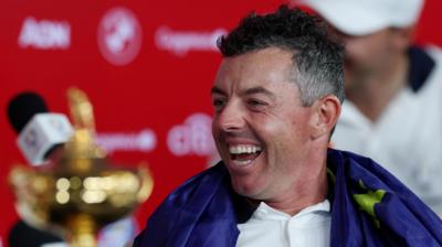 Team Europe's Rory McIlroy during a press conference after winning the Ryder Cup