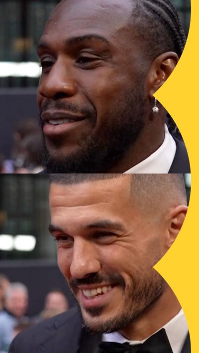 A composite image of two football players being interviewed on the red carpet