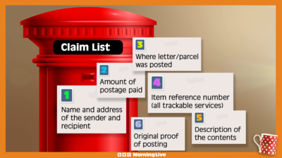 A mailbox with help for making claims labelled around it