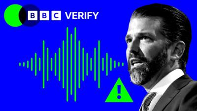 A promo image showing Donald Trump Jr speaking. A waveform and warning label are superimposed in the background and the BBC Verify colours are visible in blue and yellow. 