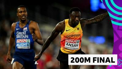 Owen Ansah crosses the line ahead of GB's Zharnel Hughes