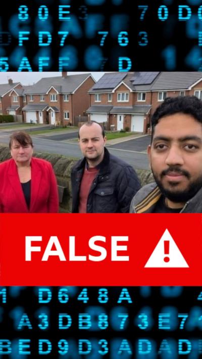 Fake image showing Councillor Armaan Khan stood in front of houses.