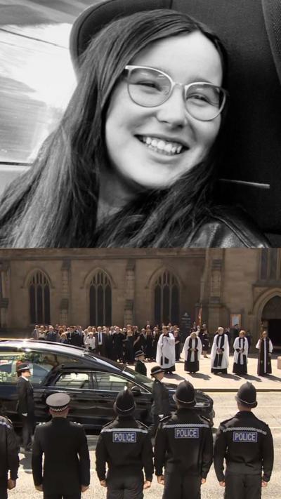 A split image. The top half is a black-and-white close-up portrait of a person wearing glasses, seated beside a window. The bottom half shows a funeral procession outside a large stone cathedral, with a black hearse in the foreground, several police officers standing in formation, clergy members in robes, and a crowd gathered near the church entrance. Visible text on the police uniforms reads “POLICE.”