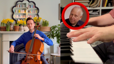 Ciaran Jenkins playing his cello and Steve Rosenberg on his piano in their respective homes