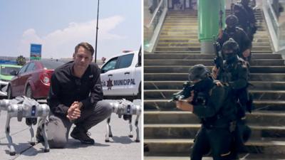 Split screen. Left, Will Grant with robot dogs. Right, a group of Mexico's military conducting exercises.