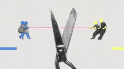 Artwork featuring four characters pulling string between a pair of scissors 