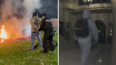 Split screen of arson suspect video and looters video 