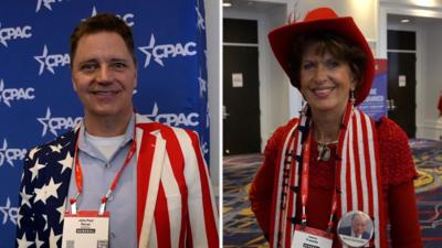 Split screen of man wearing stars and stripes blazer on the right and a woman wearing a red cowboy hat on the left