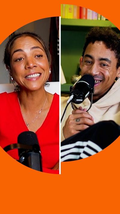 Split screen of Miquita and Jordan speaking into microphones, both smiling