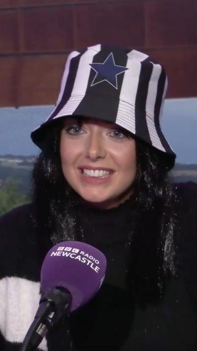Laura Fulgenzi...aka Geordia Winklehereman in the Radio Newcastle studio in a Newcastle United bucket hat