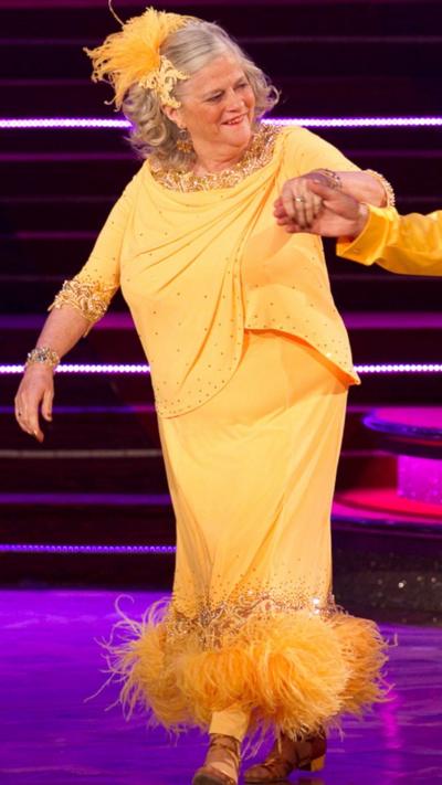Widdecombe Wearing a yellow dress on Strictly Come Dancing 