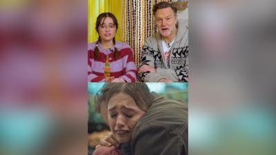 Split screen with a man and a women at the top, and the same man and woman hugging at the bottom