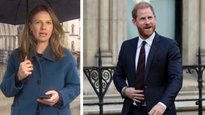 Composite image showing BBC's Helena Wilkinson holding an umbrella on the left, and Prince Harry on the right