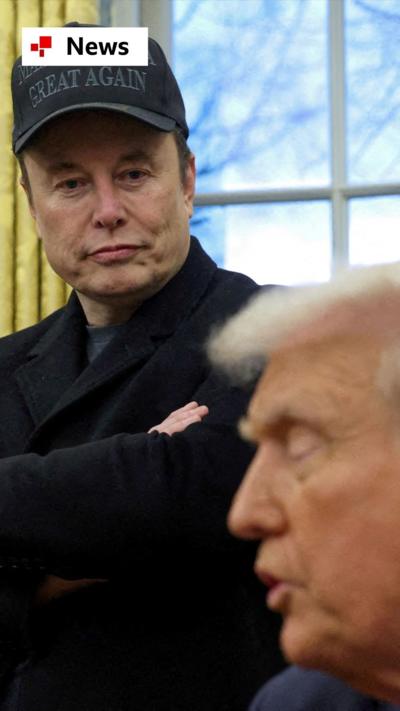 Elon Musk, wearing a black Make America Great Again hat, stands with his arms crossed looking at Donald Trump in the Oval Office on 11 February 2025