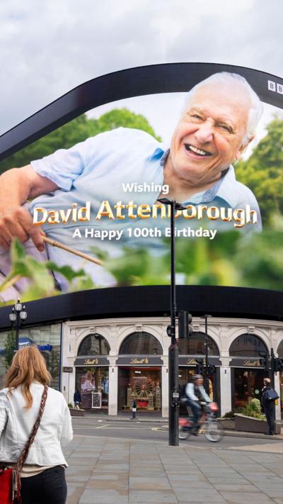 An image of David Attenborough on the Piccadilly Circus screen in central London with text saying 'wishing David Attenborough a happy 100th birthday' as people watch from the street