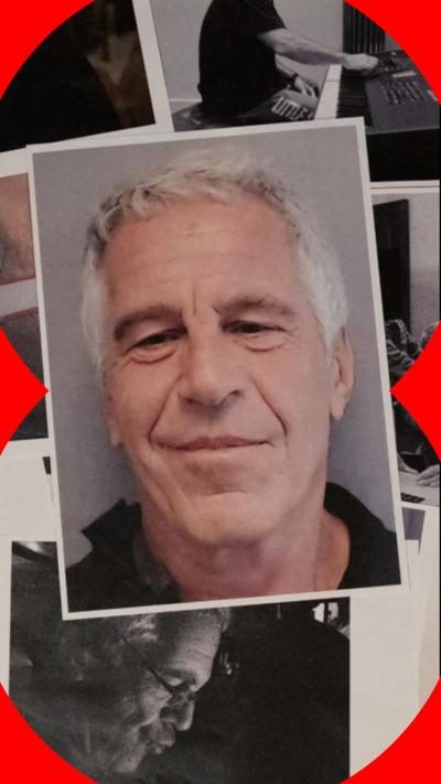 Printed photos of Jeffrey Epstein overlayed on a surface. One headshot of him smiling is at the centre of the image.