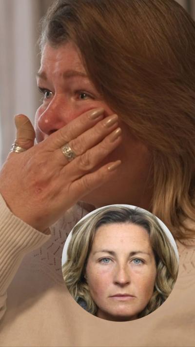 A woman holds her hand to face as she cries. She has shoulder-length blonde hair. Below in a circular inset there is a mugshot of a woman with blonde hair looking at the camera. This is a different woman to the one in the main image. 