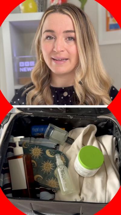 Split screen of suitcase with items inside at the bottom and BBC reporter at the top.