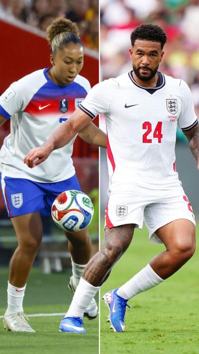 Split screen of Lauren and Reece James - England footballers.