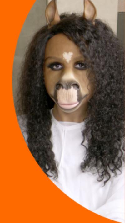 horsegiirL wearing her signature mask and staring directly at the camera. She's wearing a white top.