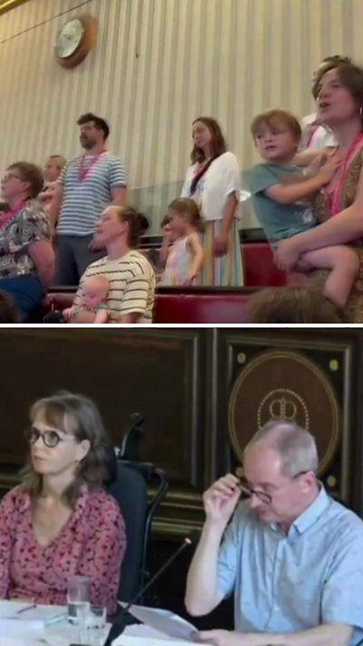 Split image showing parents and kids singing in council benches and two councillors watching.