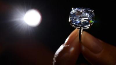 A model holds the rare blue diamond