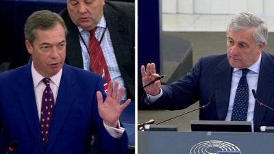 UK Independence Party MEP Nigel Farage and European Parliament president Antonio Tajani clash.