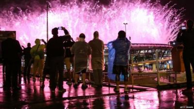 Fireworks are seen at Maracana Stadium