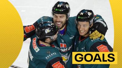 Belfast Giants players celebrate scoring