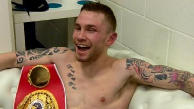 Carl Frampton shows his delight in his dressing-room after his victory over Scott Quigg in Manchester on Saturday night