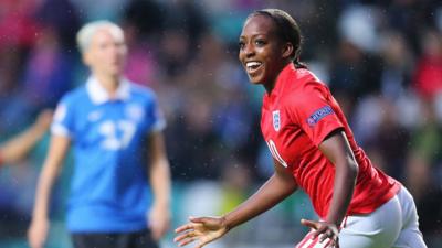 Danielle Carter celebrates scoreing for England against Estonia