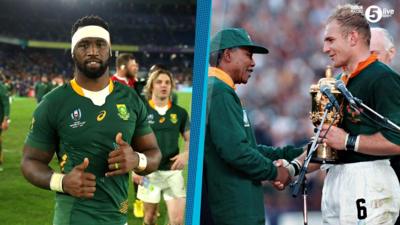Siya Kolisi and Nelson Mandela with Francois Pienaar
