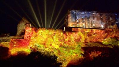 Light show on Edinburgh Castle and rock